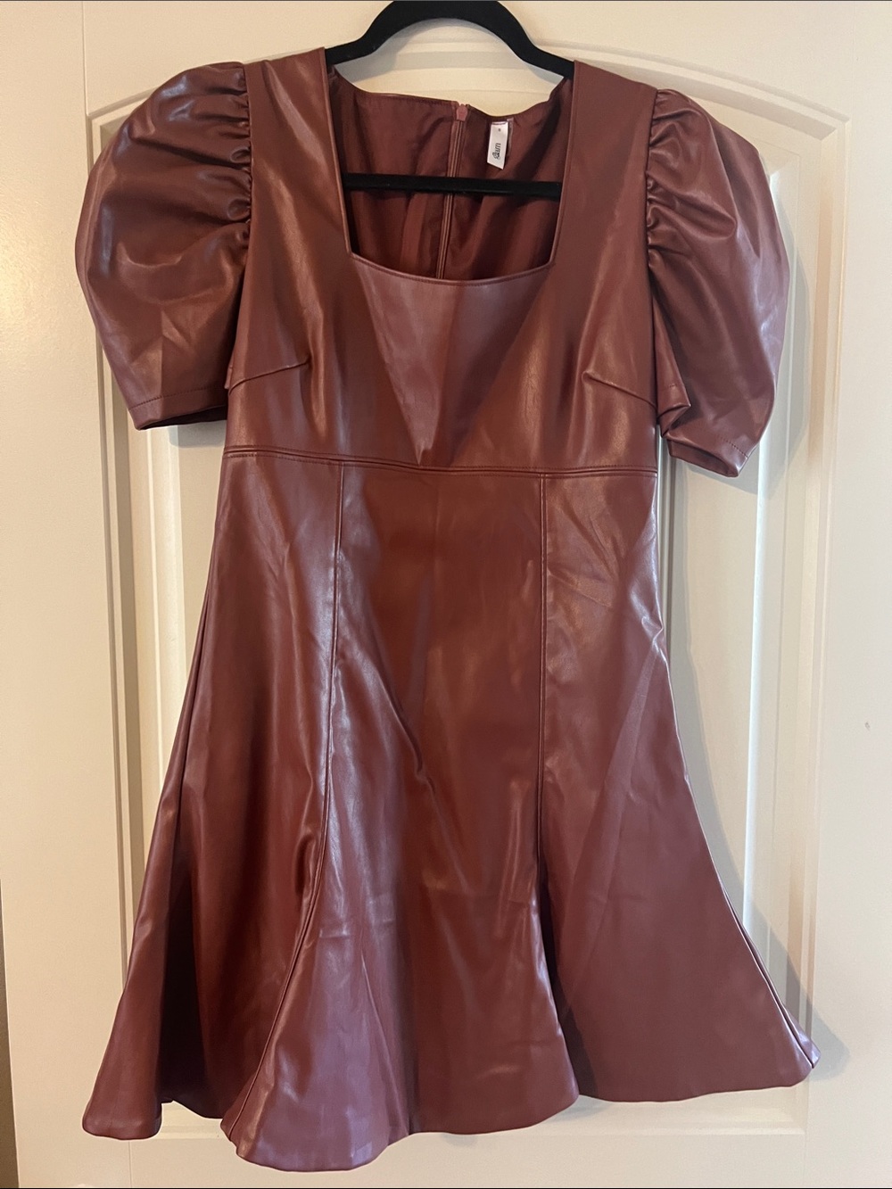 Glam Faux Leather Puff Sleeve Mini Dress - Mauve Brown, size small